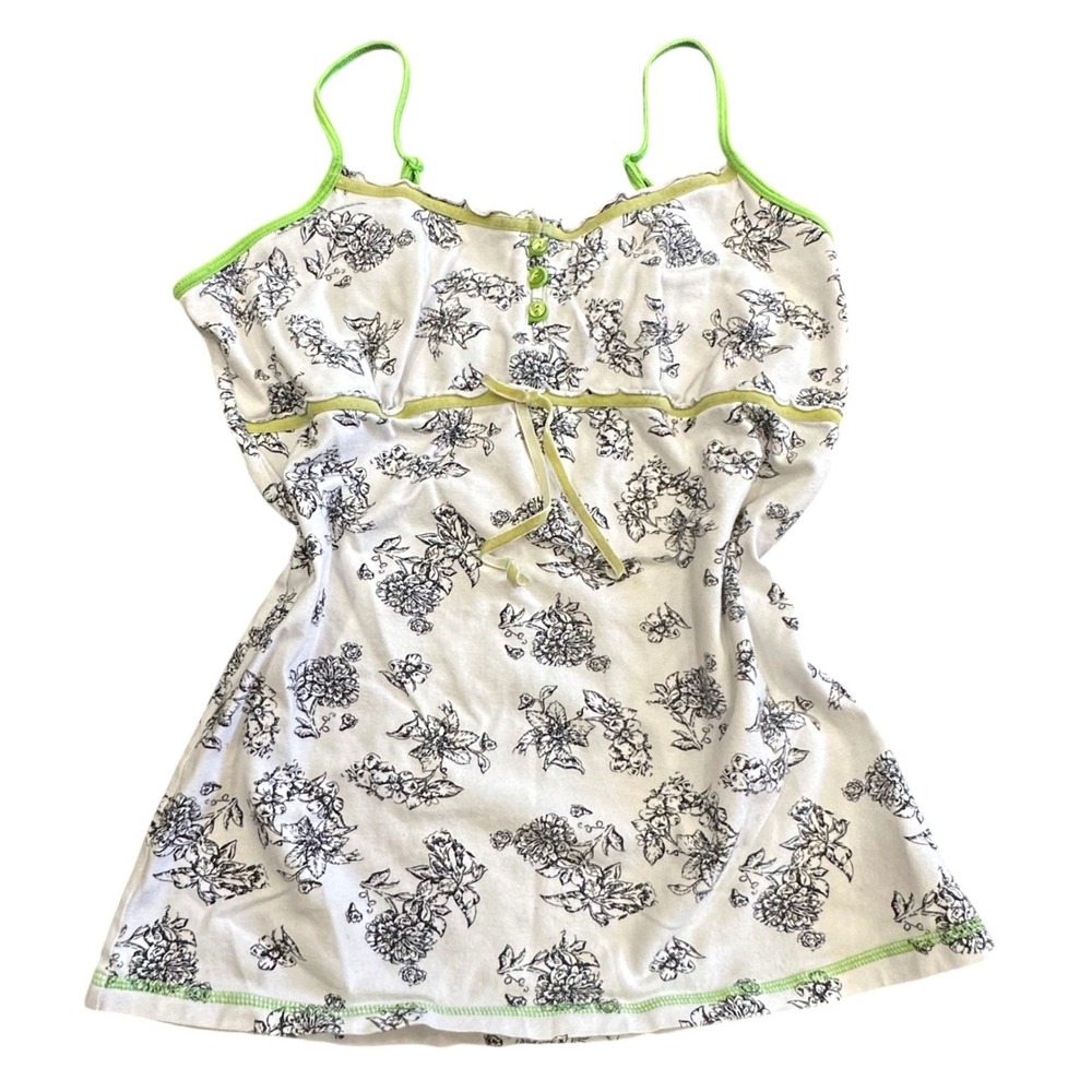 Steve Women Floral Camisole Top White Lime Green Trim Empire Waist Large Y2K